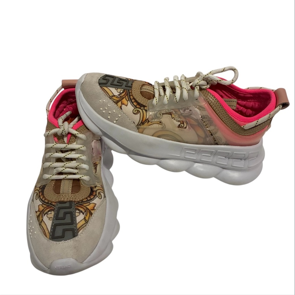 Versace Beige Pink Gold Chain-Print Chain Reaction Sneakers